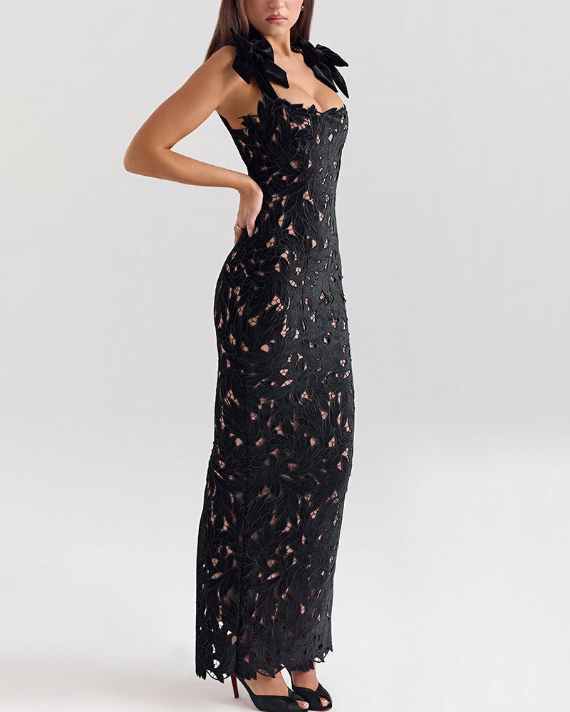 Curvvvy™ Enchanting Lace Bow-Strap Bodycon Maxi Dress