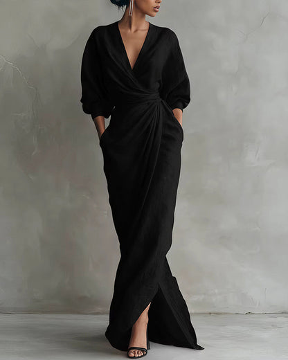 Curvvvy™ Elegant Deep V-Neck Draped Wrap Maxi Dress With Waist Tie