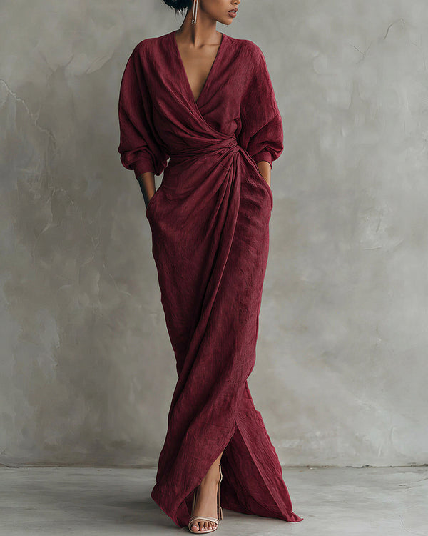 Curvvvy™ Elegant Deep V-Neck Draped Wrap Maxi Dress With Waist Tie