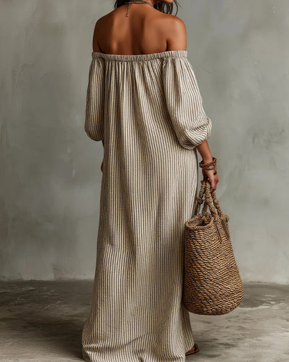 Curvvvy™ Striped Off-Shoulder Linen Resort Maxi Dress