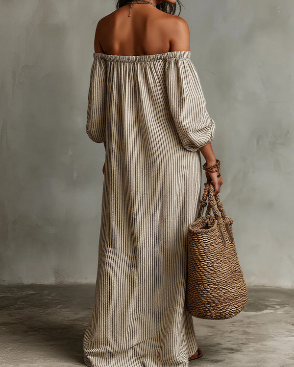 Curvvvy™ Striped Off-Shoulder Linen Resort Maxi Dress