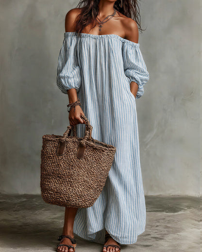 Curvvvy™ Striped Off-Shoulder Linen Resort Maxi Dress