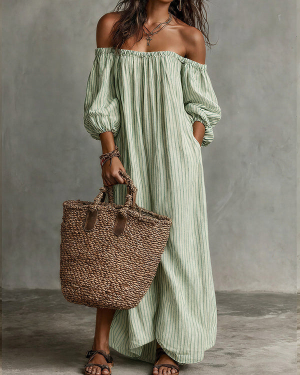 Curvvvy™ Striped Off-Shoulder Linen Resort Maxi Dress