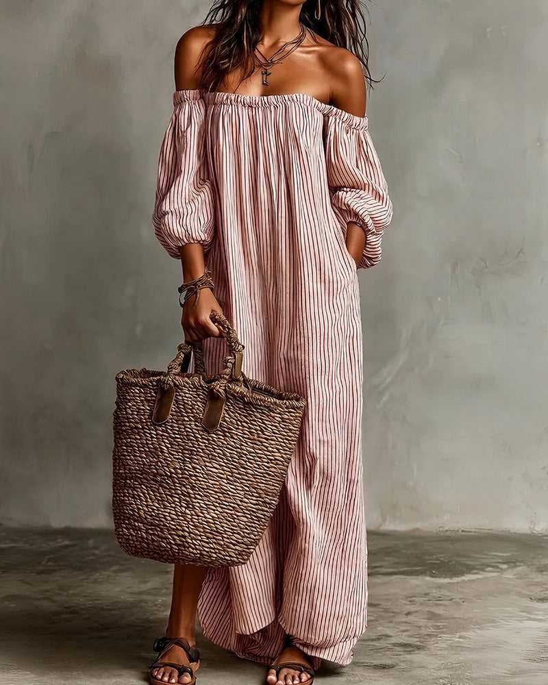 Curvvvy™ Striped Off-Shoulder Linen Resort Maxi Dress