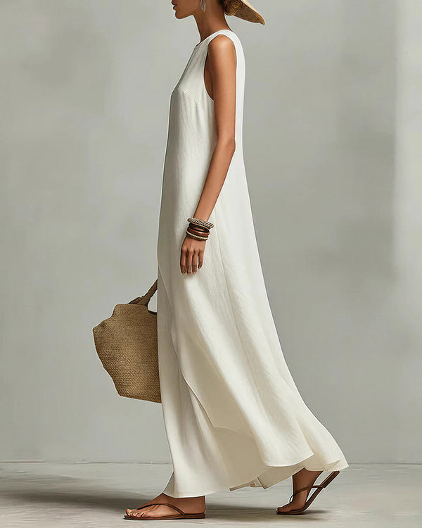 Curvvvy™ Asymmetric Hem Linen Blend Sleeveless Maxi Dress