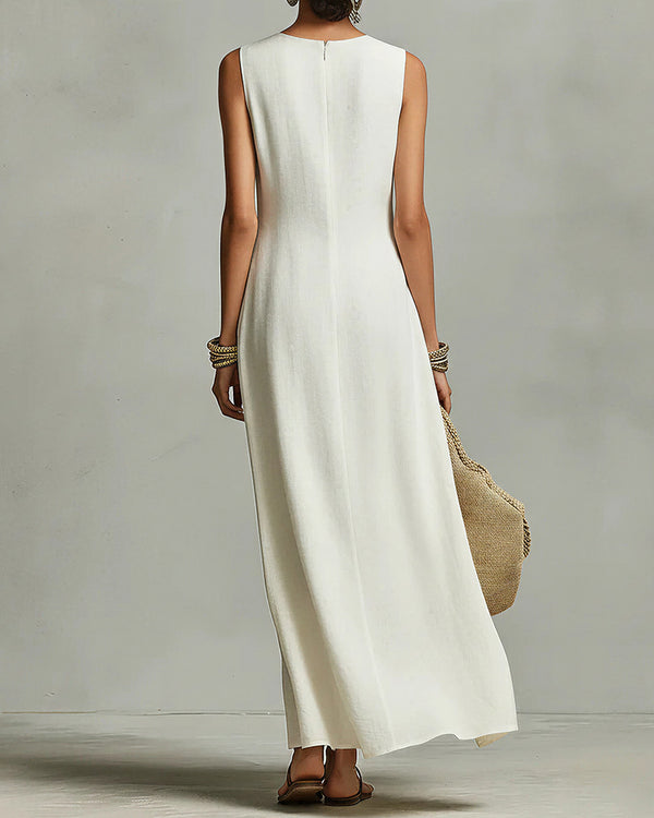 Curvvvy™ Asymmetric Hem Linen Blend Sleeveless Maxi Dress