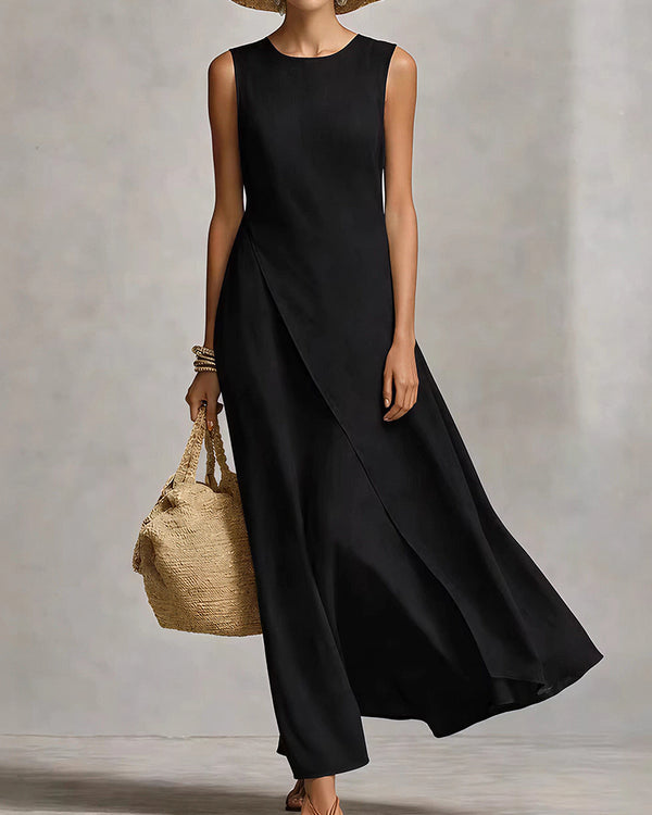 Curvvvy™ Asymmetric Hem Linen Blend Sleeveless Maxi Dress