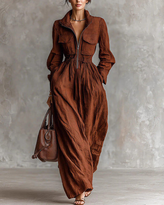 Curvvvy™ French Chic Zip-Up Lapel Maxi Dress With Cinched Waist