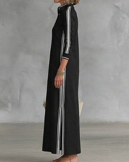 Curvvvy™ Sporty Chic Button Collar Maxi Dress with Side Stripes