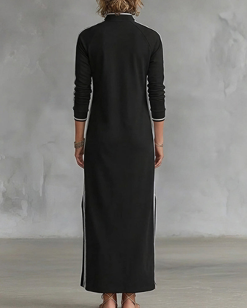Curvvvy™ Sporty Chic Button Collar Maxi Dress with Side Stripes