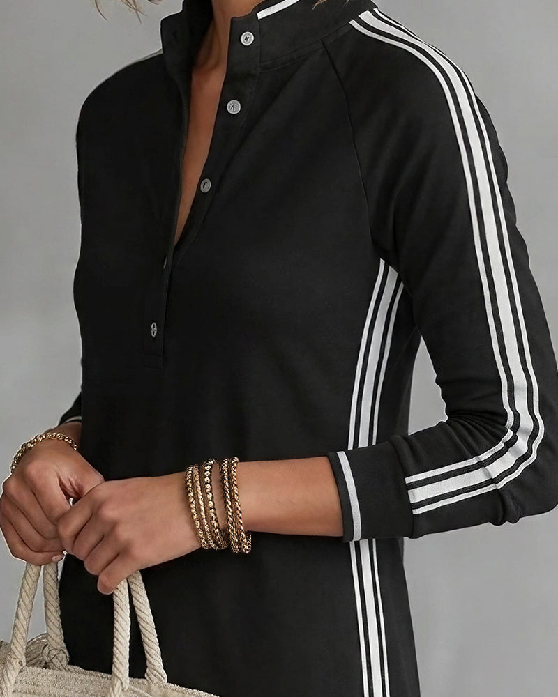 Curvvvy™ Sporty Chic Button Collar Maxi Dress with Side Stripes