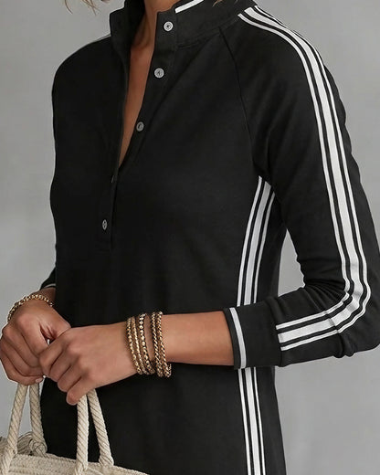 Curvvvy™ Sporty Chic Button Collar Maxi Dress with Side Stripes
