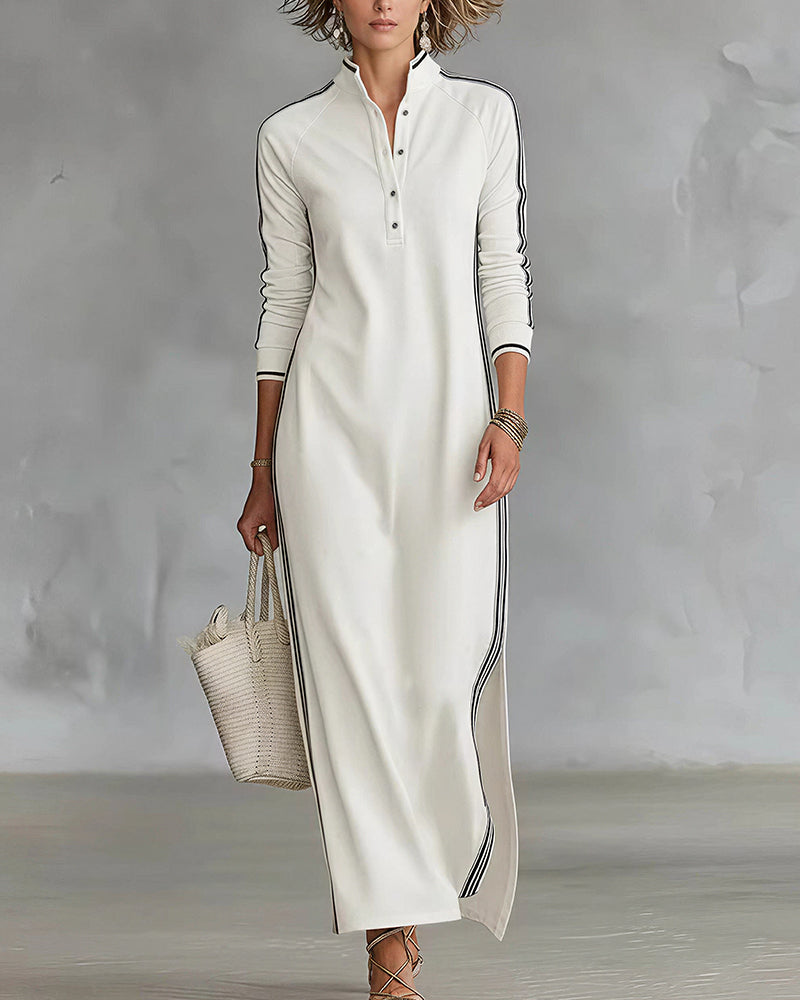 Curvvvy™ Sporty Chic Button Collar Maxi Dress with Side Stripes
