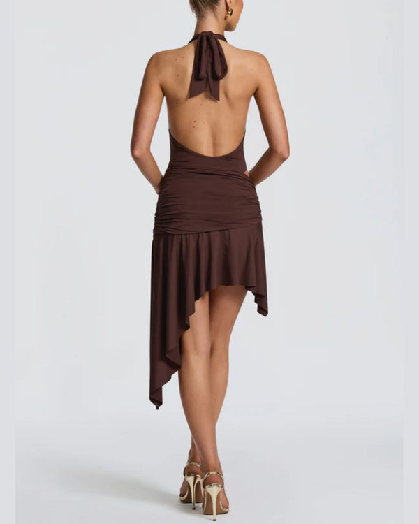 Curvvvy™ V Halter Twist Asymmetric Mini Dress