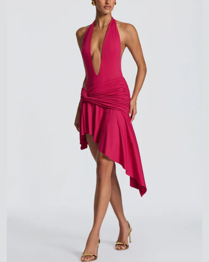 Curvvvy™ V Halter Twist Asymmetric Mini Dress