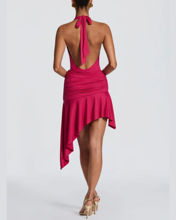 Curvvvy™ V Halter Twist Asymmetric Mini Dress