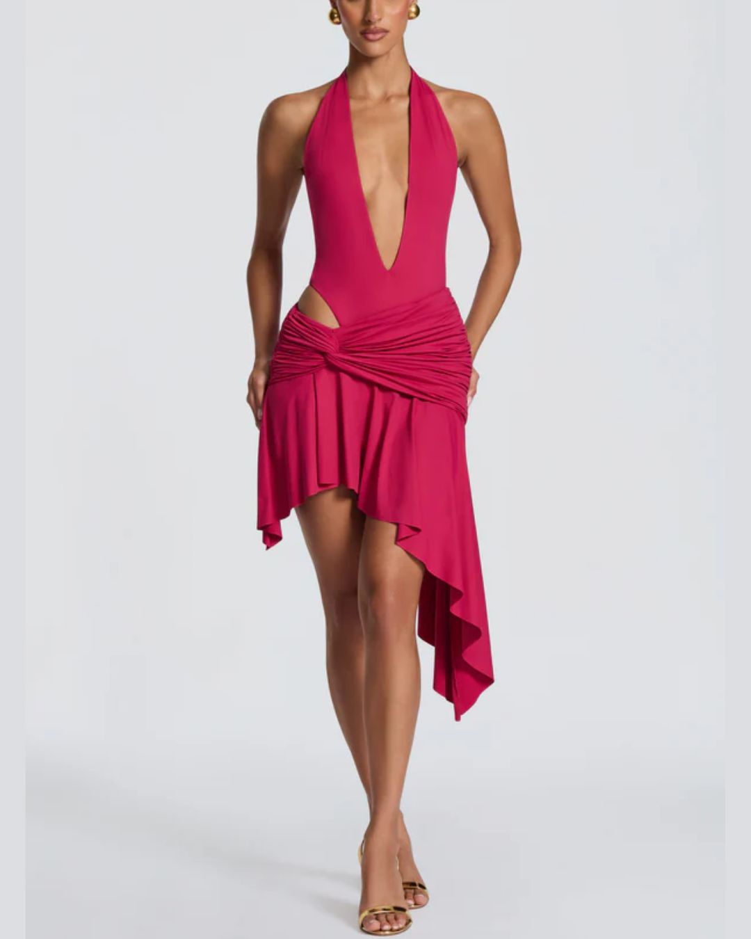 Curvvvy™ V Halter Twist Asymmetric Mini Dress