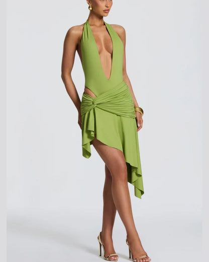 Curvvvy™ V Halter Twist Asymmetric Mini Dress