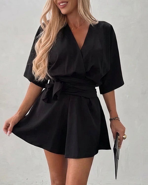 Curvvvy™ V-Neck Wrap Romper With Tie Waist