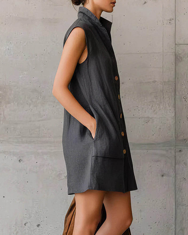 Curvvvy™ Sleeveless Stand Collar Button-Down Shirt Dress With Pockets