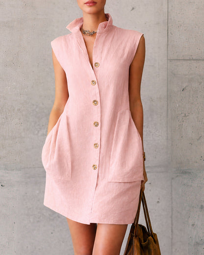 Curvvvy™ Sleeveless Stand Collar Button-Down Shirt Dress With Pockets