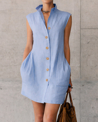 Curvvvy™ Sleeveless Stand Collar Button-Down Shirt Dress With Pockets