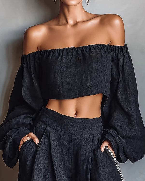 Curvvvy™ Off-Shoulder Crop Top and Wide Leg Pants Two-Piece Set