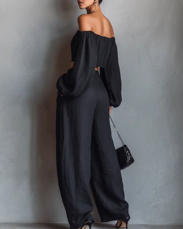Curvvvy™ Off-Shoulder Crop Top and Wide Leg Pants Two-Piece Set
