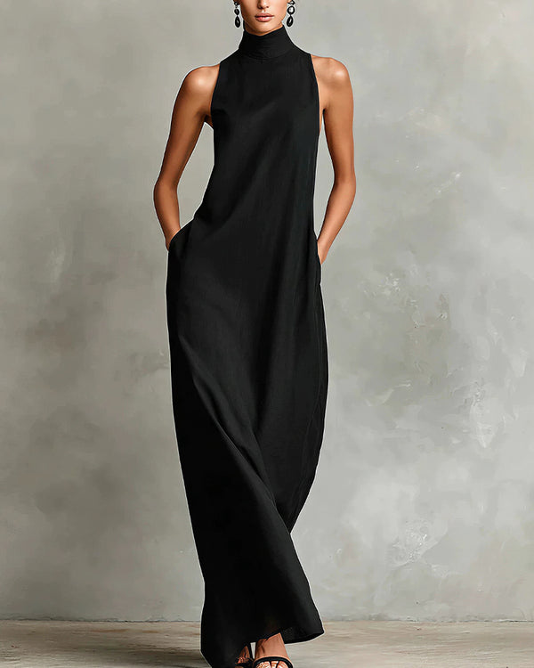 Curvvvy™ Effortless Linen Blend High Neck Maxi Dress With Pockets
