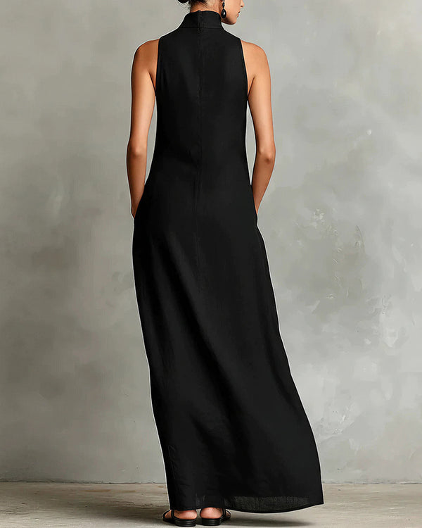 Curvvvy™ Effortless Linen Blend High Neck Maxi Dress With Pockets