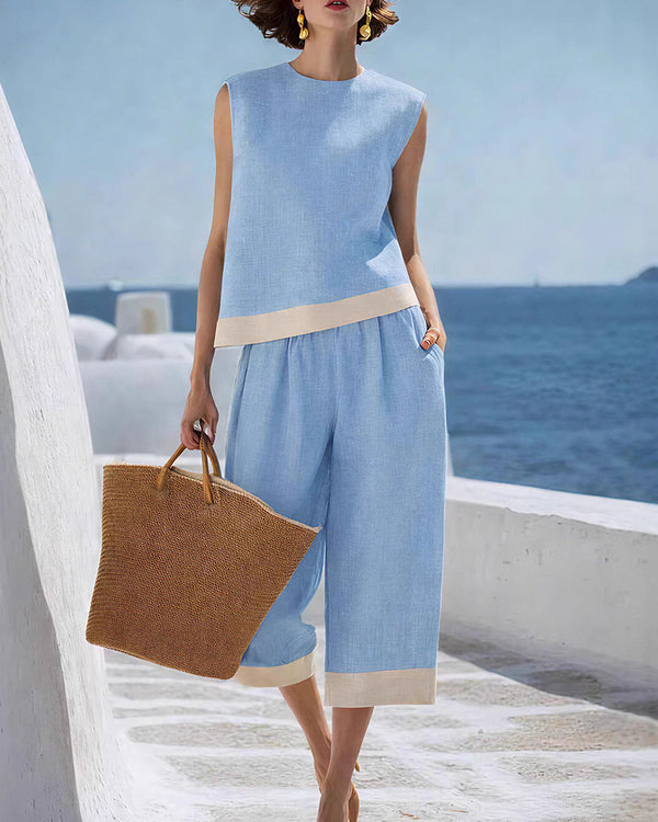 Curvvvy™ Coastal Breeze Cotton Linen Contrast Trim Two-Piece Set