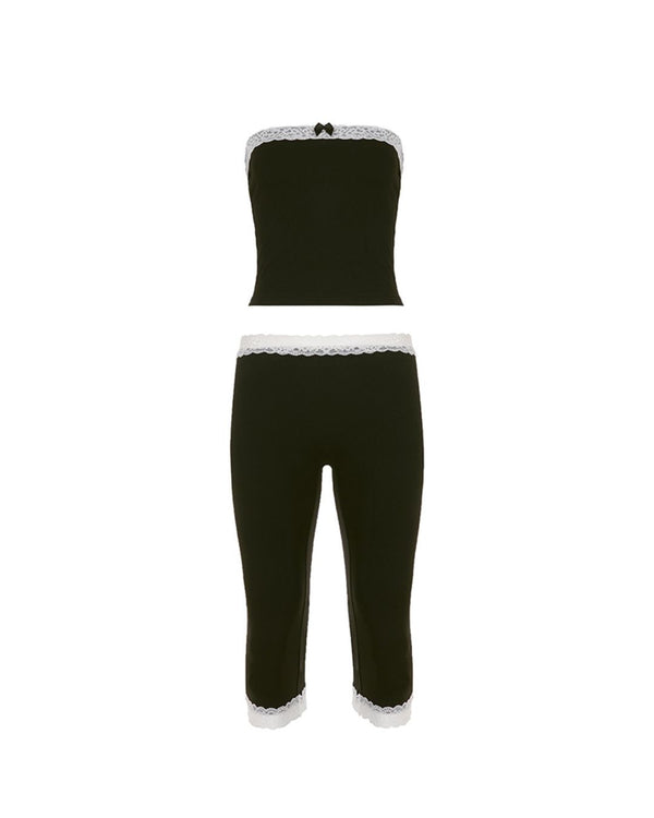 Curvvvy™ Lace Patchwork Bow Bandeau & Capri Set