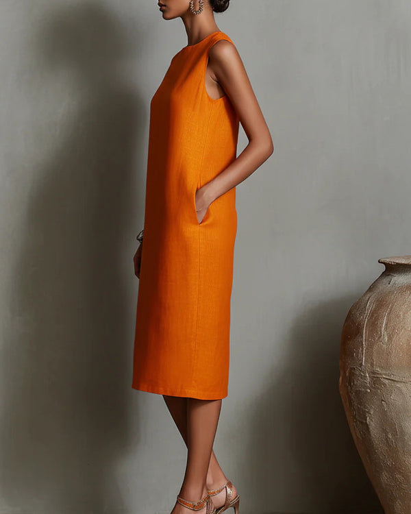 Curvvvy™ Linen Blend Sleeveless Crew Neck Midi Dress
