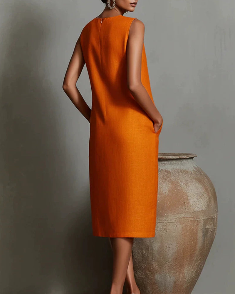 Curvvvy™ Linen Blend Sleeveless Crew Neck Midi Dress