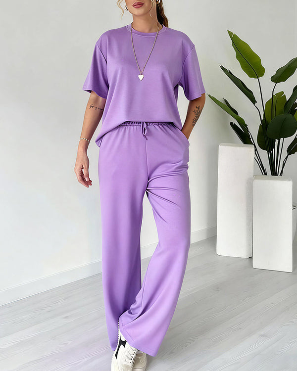 Curvvvy™ Casual 2-Piece Lounge Set - Short Sleeve Top & Wide Leg Pants