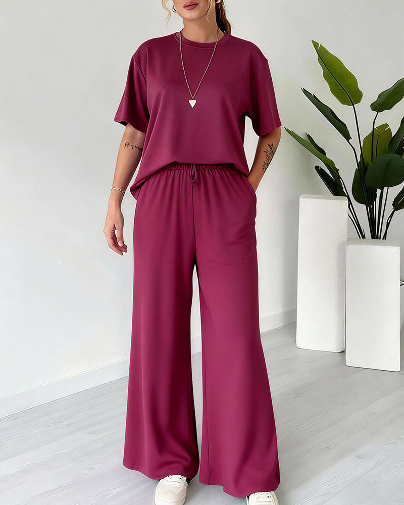 Curvvvy™ Casual 2-Piece Lounge Set - Short Sleeve Top & Wide Leg Pants