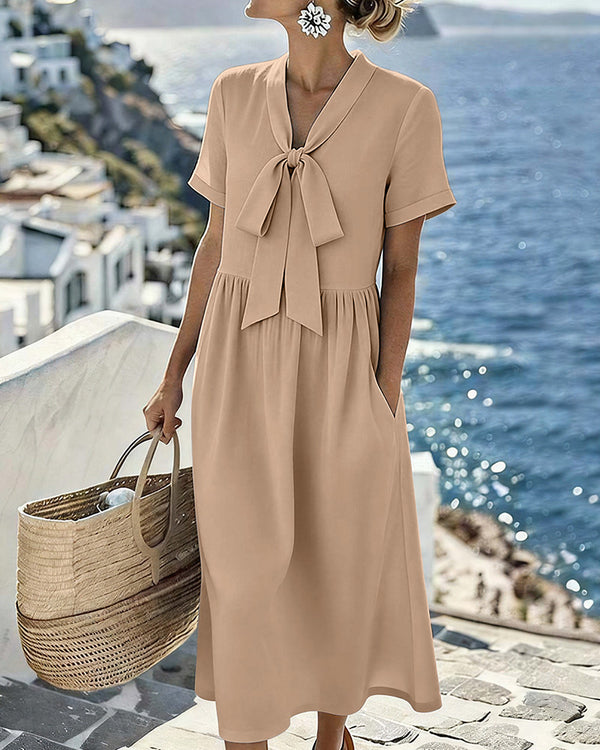 Curvvvy™ Elegant V-Neck Tie-Front Short Sleeve Midi Dress