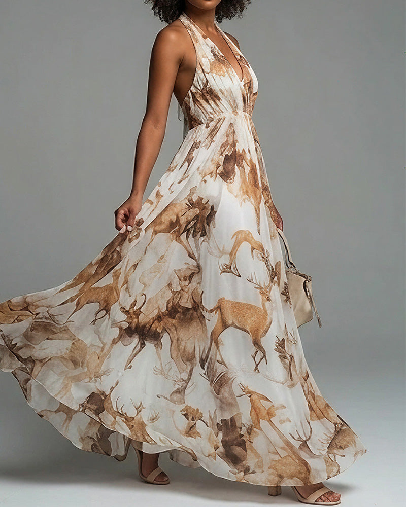 Curvvvy™ Boho Halter Neck Deep-V Flowy Maxi Dress