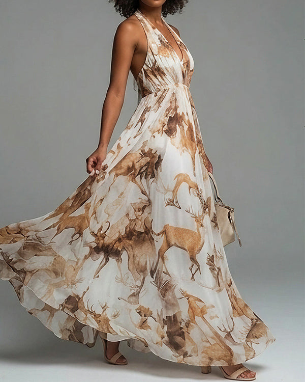 Curvvvy™ Boho Halter Neck Deep-V Flowy Maxi Dress