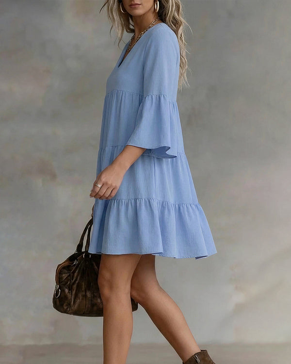 Curvvvy™ V-Neck Bell Sleeve Ruffle Tiered Mini Dress