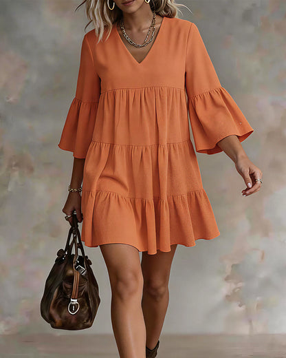 Curvvvy™ V-Neck Bell Sleeve Ruffle Tiered Mini Dress