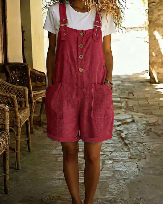 Curvvvy™ Vintage Cotton Linen Short Overalls With Pockets