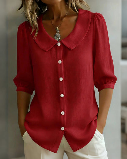 Curvvvy™ Linen Blend Peter Pan Collar Button-Up Blouse