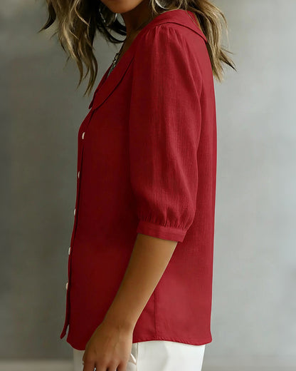 Curvvvy™ Linen Blend Peter Pan Collar Button-Up Blouse
