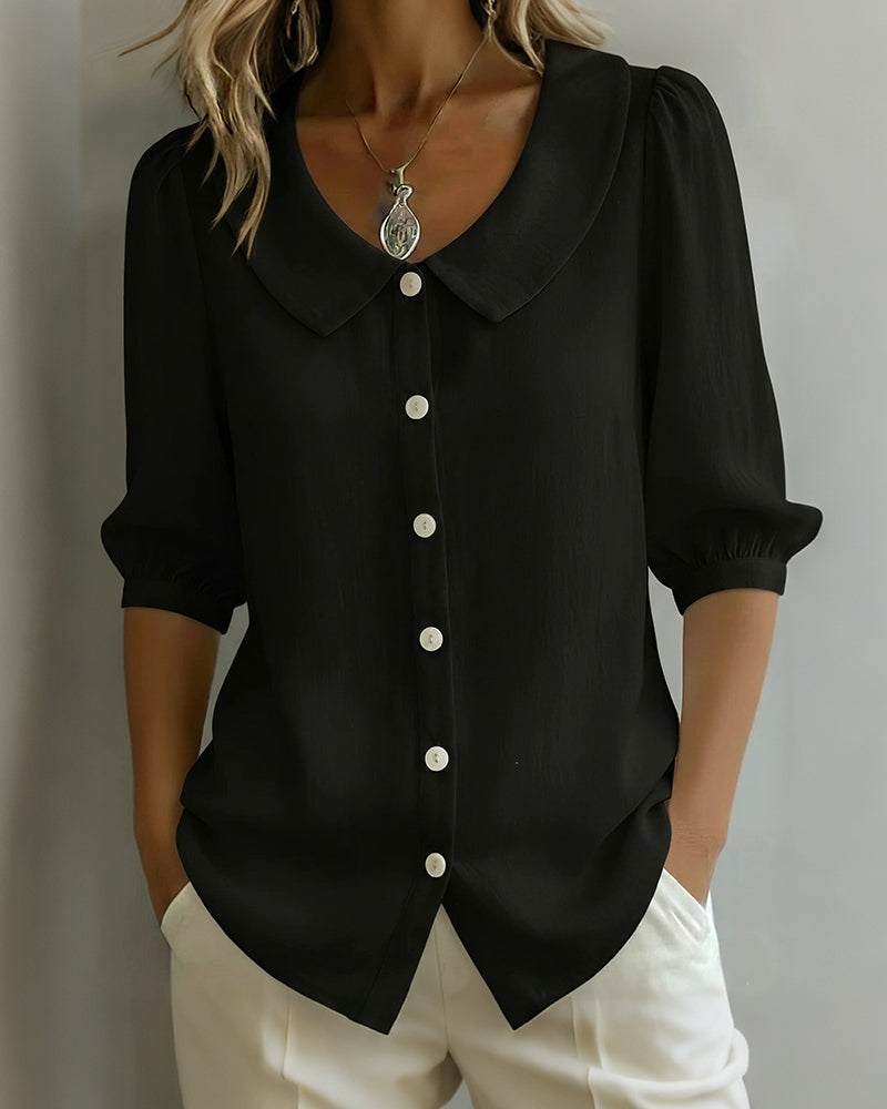 Curvvvy™ Linen Blend Peter Pan Collar Button-Up Blouse