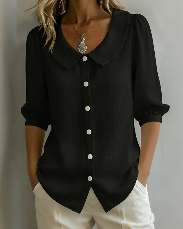 Curvvvy™ Linen Blend Peter Pan Collar Button-Up Blouse