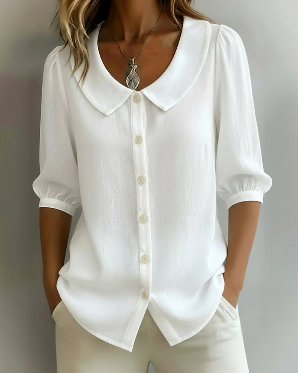Curvvvy™ Linen Blend Peter Pan Collar Button-Up Blouse