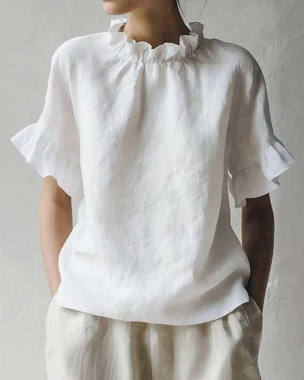 Curvvvy™ Ruffle Trim Loose Fit Linen Blouse