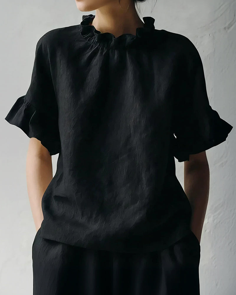 Curvvvy™ Ruffle Trim Loose Fit Linen Blouse