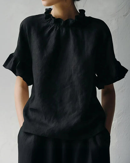 Curvvvy™ Ruffle Trim Loose Fit Linen Blouse